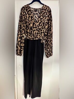 SHEIN Leopard Print Wrap Jumpsuit in Tan and Black